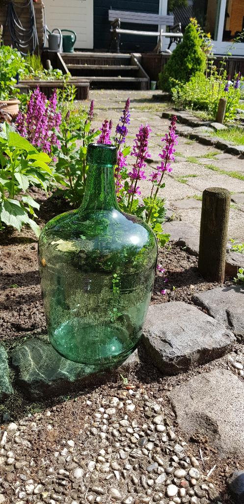 Vintage wijnfles kleine mandfles fles vaas groen glas 4 ltr., Antiek en Kunst, Ophalen of Verzenden
