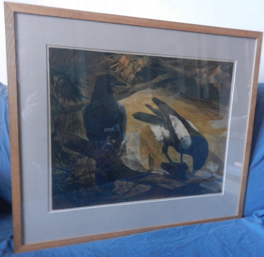 Kleuren litho Twee eksters AJ van t Hoff 1893-1939 42x54 cm, Antiek en Kunst, Ophalen of Verzenden