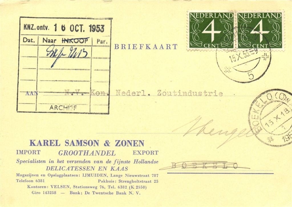 Karel Samson + Zonen, IJmuiden Velsen - 10.1953 - briefkaart, Postzegels en Munten, Brieven en Enveloppen | Nederland, Ophalen of Verzenden