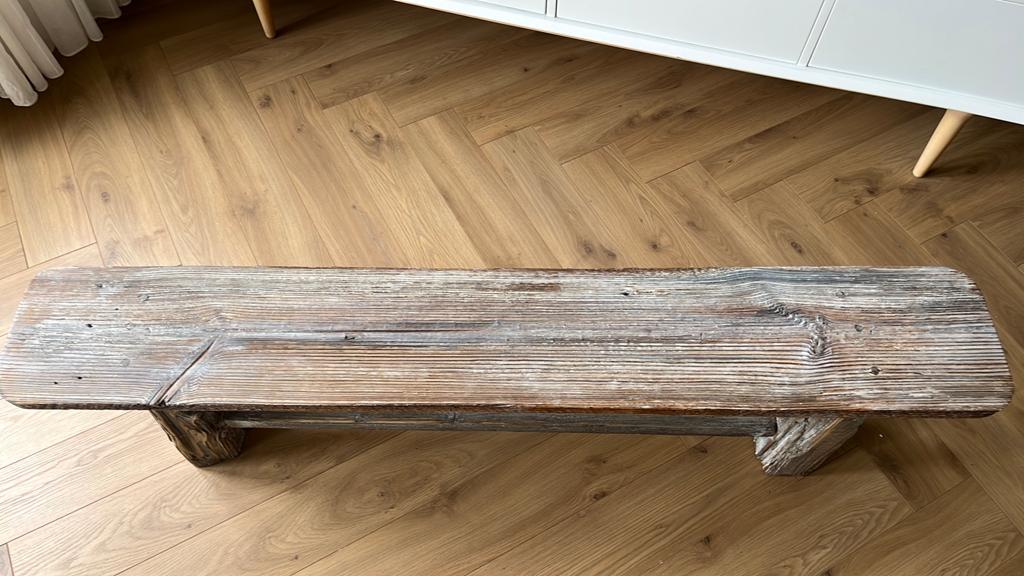 Robuust houten bankje 142x23x40 cm, Ophalen, Gebruikt, Bruin, Eén
