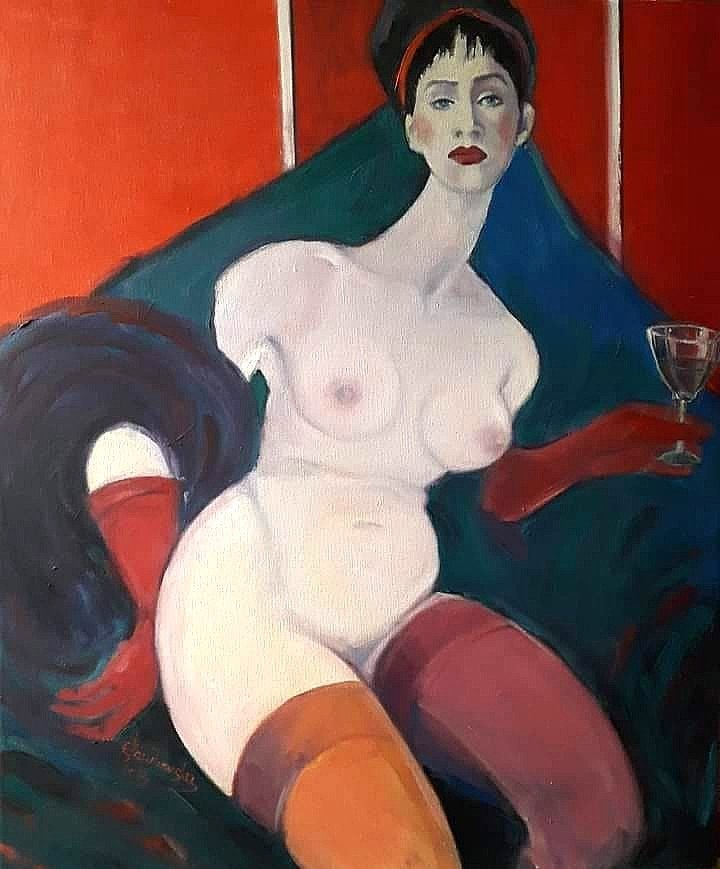 Vrouw in rode handschoenen, Nieuw, Ophalen of Verzenden, Schilderij, 50 tot 75 cm