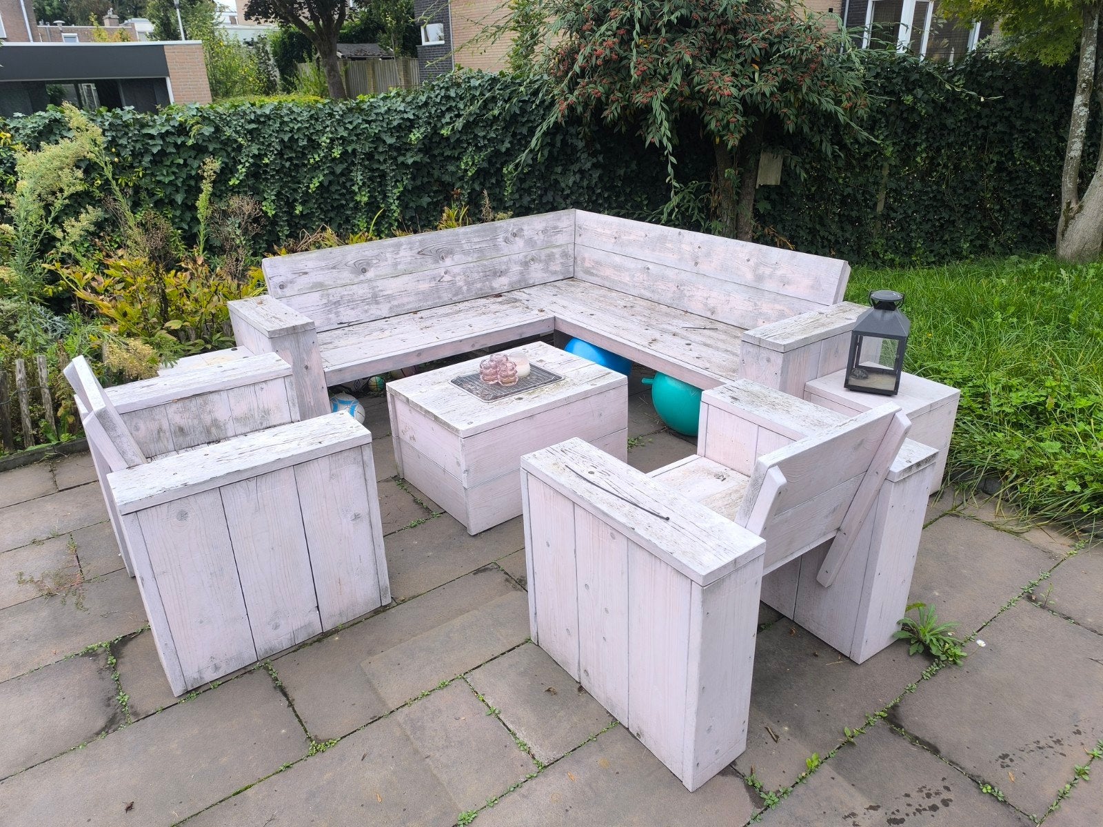 Houten Loungeset - Steigerhout Stijl, Ophalen, 5 zitplaatsen, Gebruikt, Bank
