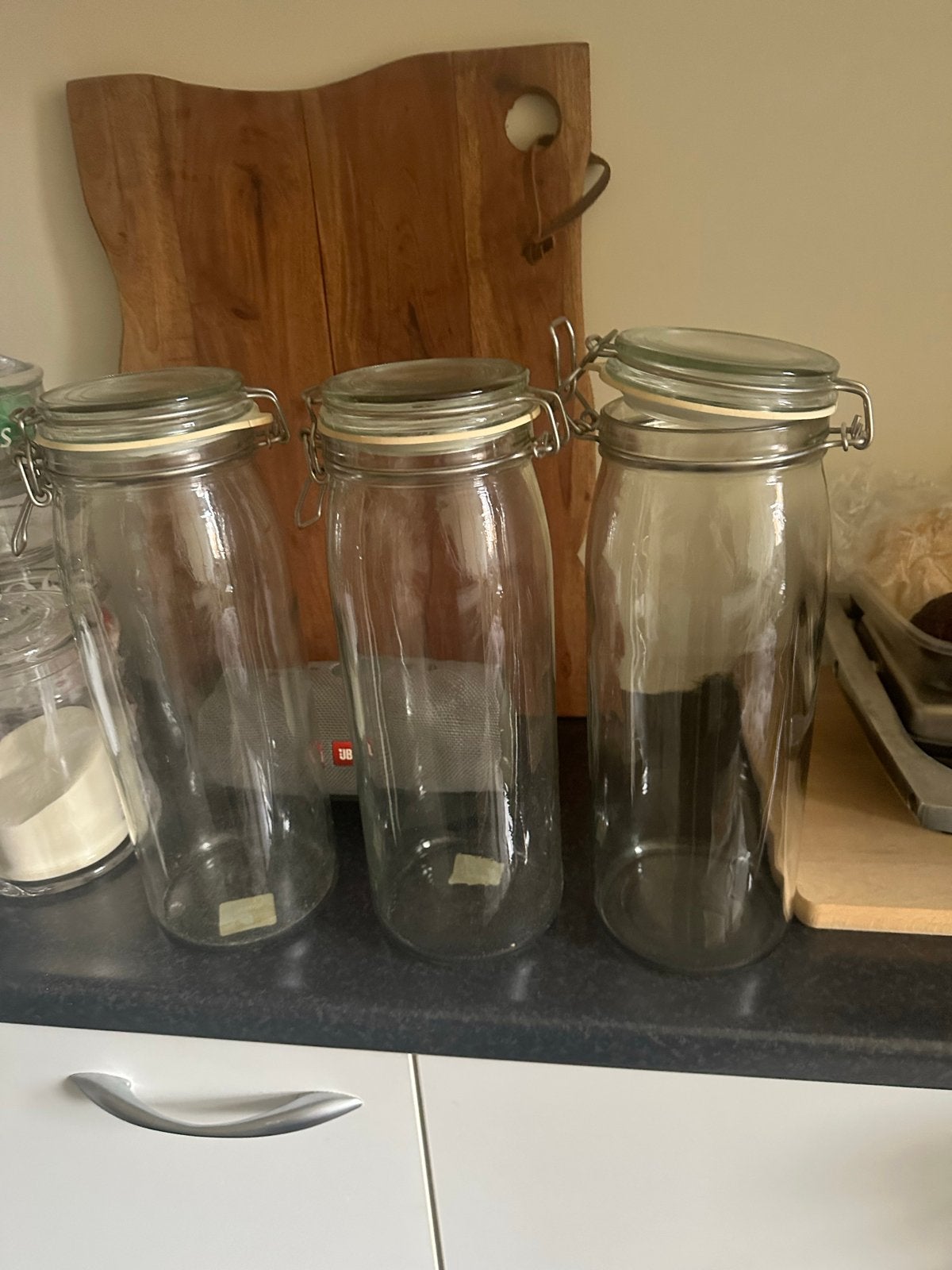 Set van 3 glazen voorraadpotten met beugelsluiting, Voorraadpot, Ophalen of Verzenden, Gebruikt, Glas
