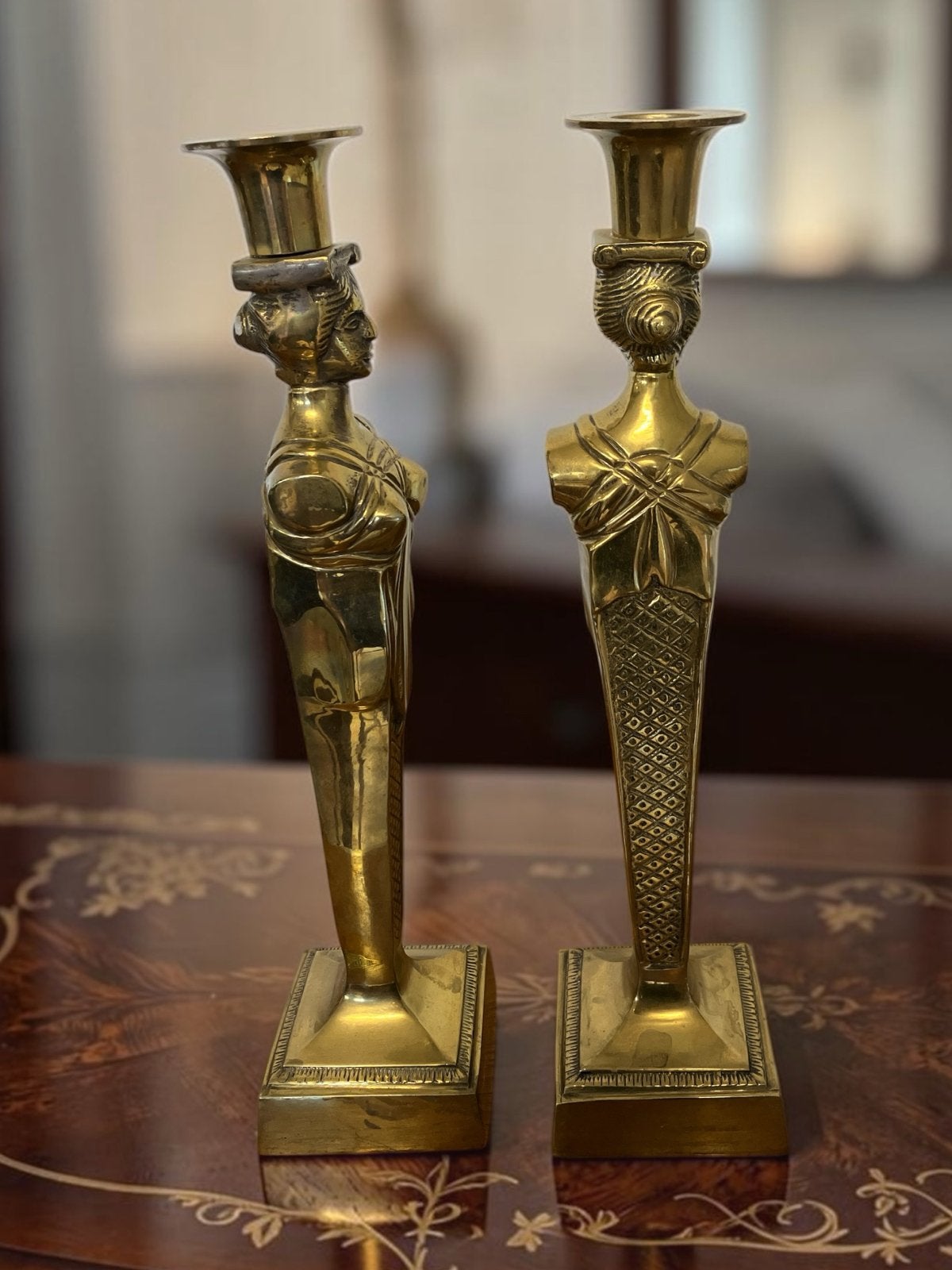 Vintage Empire Stijl Messing Kandelaars - Set, Ophalen of Verzenden, Koper of Brons