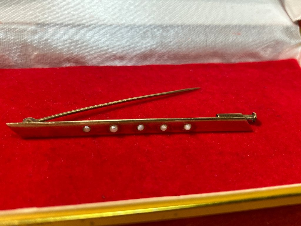 Antieke 14K gouden broche met 5 zaadparels ca. 1900, Antiek en Kunst, Verzenden, Goud