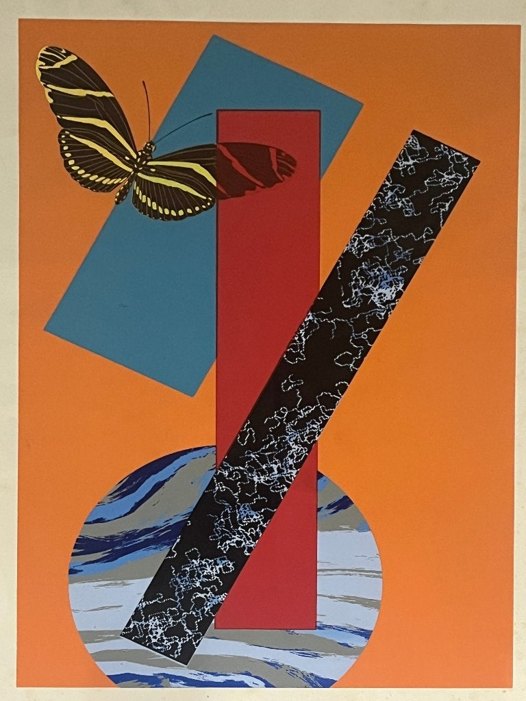 Zeefdruk abstract postmodern met vlinder 41 x 62 cm, Ophalen of Verzenden