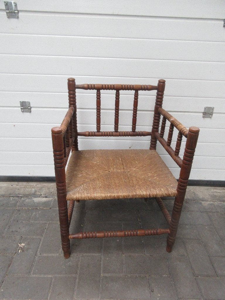 oud Hollandse stoel gedraaide poten en biezen zitting Bobbin, Huis en Inrichting, Ophalen, Gebruikt, Hout, Eén
