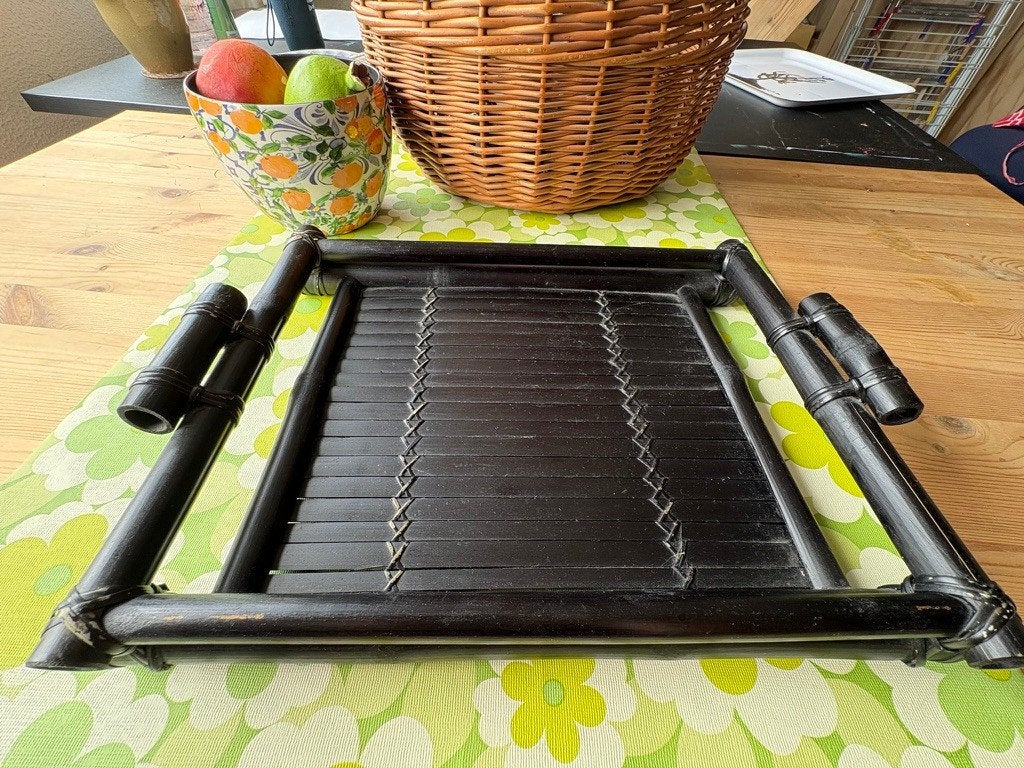 Vintage bamboe dienblad, zwartgelakt, Huis en Inrichting, Woonaccessoires | Dienbladen, Ophalen of Verzenden, Gebruikt, Rechthoekig