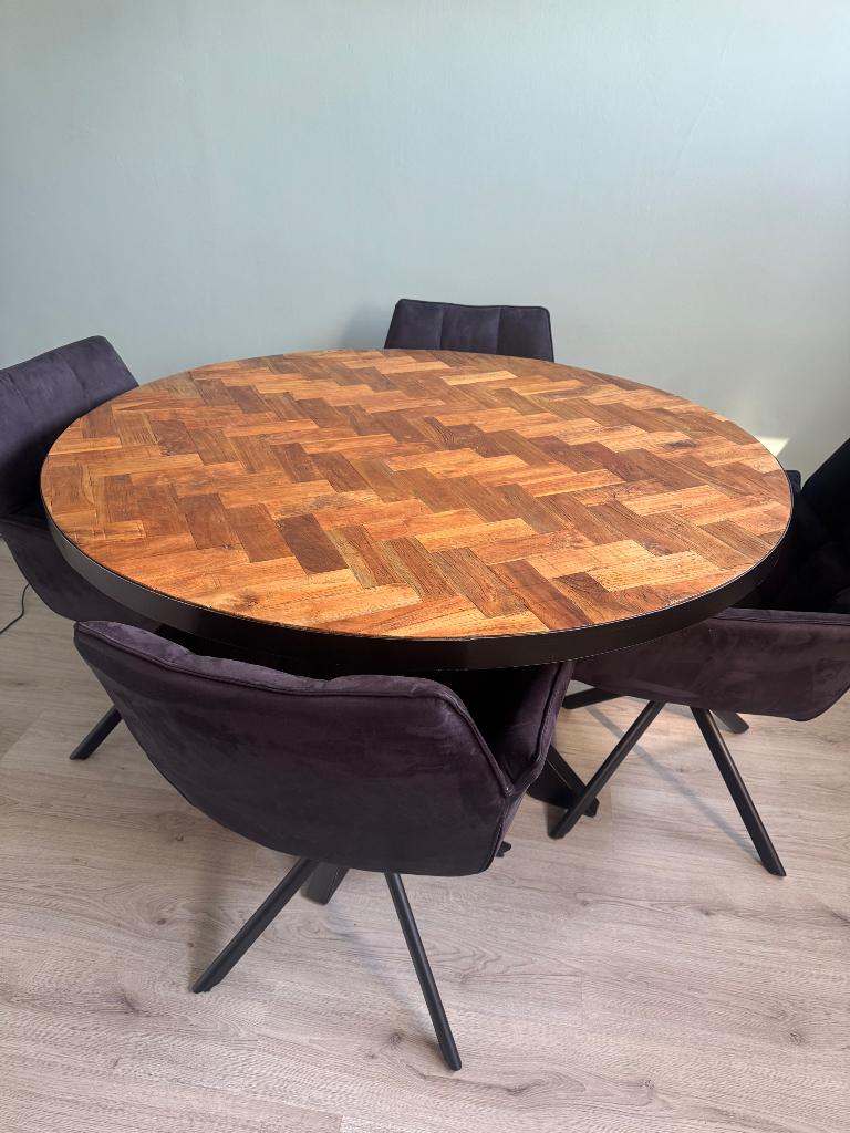 Ronde Eettafel 'Hawaii' Visgraat Teak en staal, 130cm, Huis en Inrichting, Tafels | Eettafels, Ophalen, Zo goed als nieuw, Vier personen