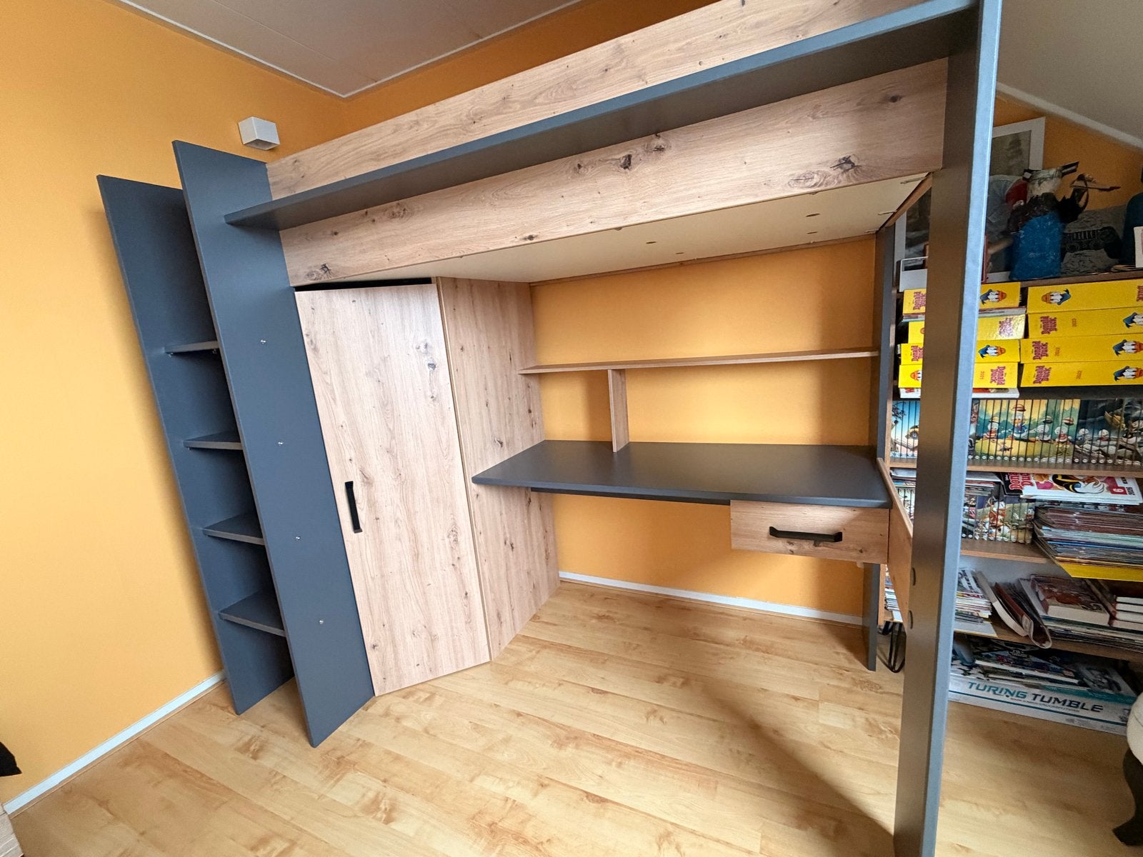 Hoogslaper incl matras met bureau, kast en planken, Ophalen, Hoogslaper, Eenpersoons, 160 tot 180 cm