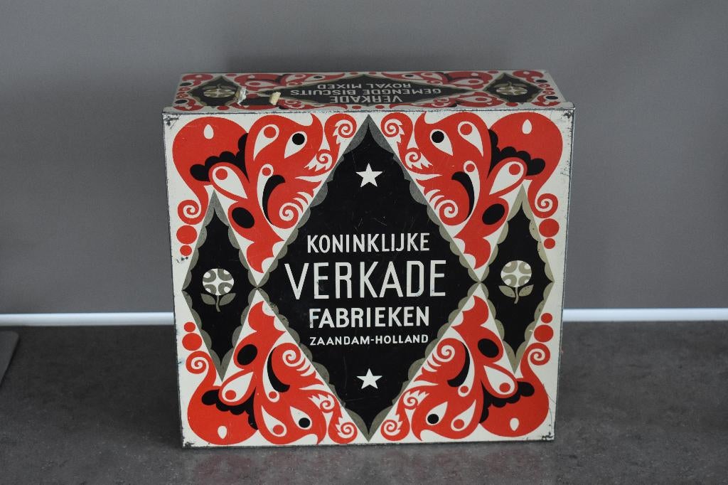 Verkade koek trommel blik uit de jaren 80 met print jaren 20, Verzamelen, Blikken, Ophalen of Verzenden, Gebruikt, Koek(jes), Verkade