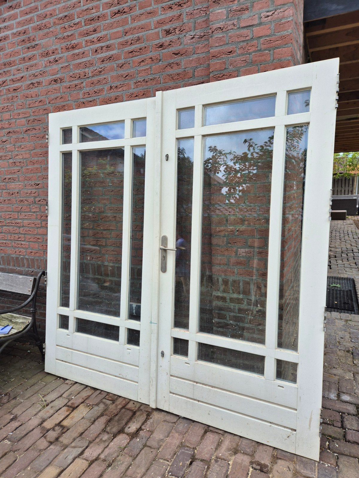Dubbele hardhouten tuindeuren met thermopeen glas, Ophalen, Gebruikt, 120 cm of meer, Buitendeur