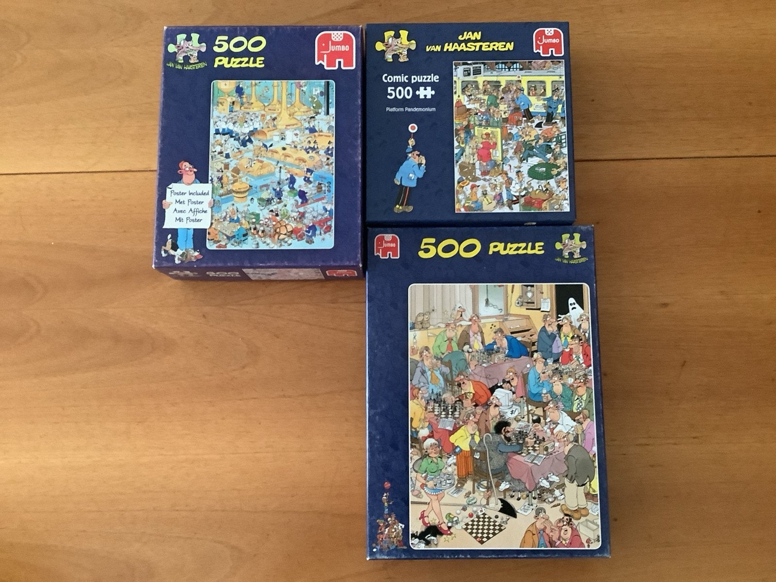 3 Jan van Haasteren puzzels 500 stukjes (1 stukje mist), Ophalen of Verzenden, 500 t/m 1500 stukjes, Gebruikt, Legpuzzel