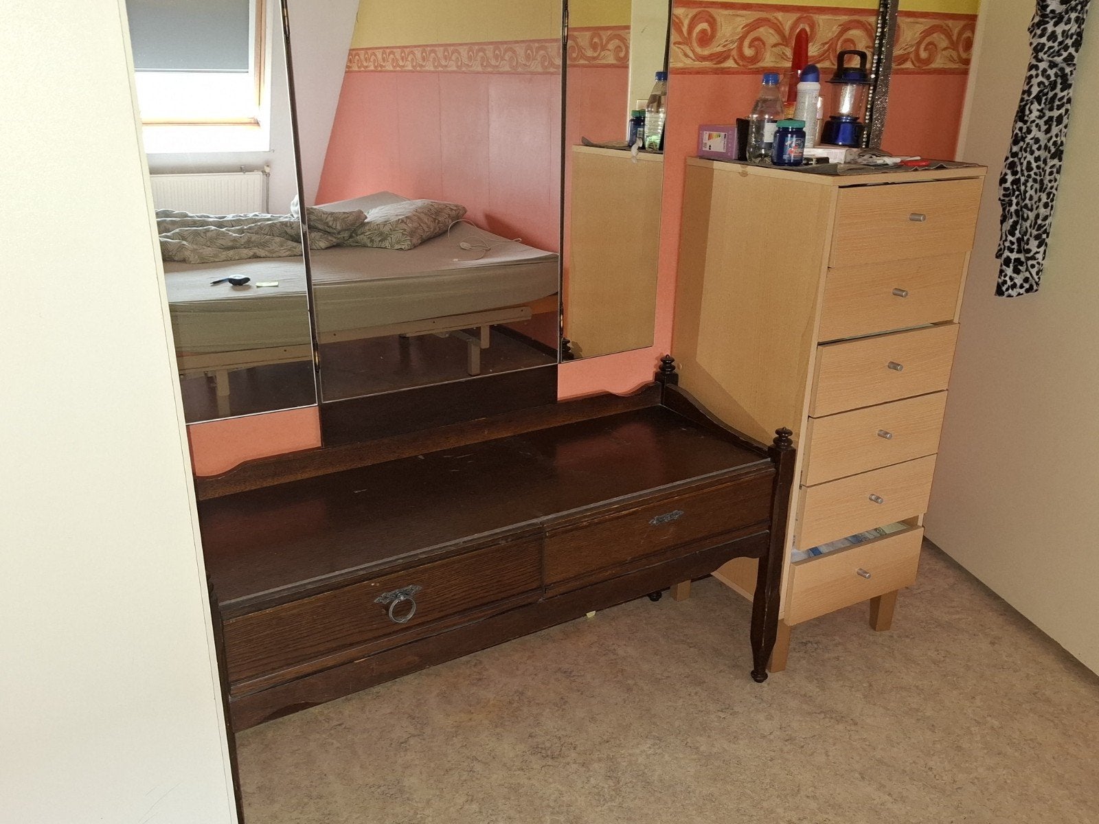 Vintage kaptafel met spiegel en ladekast, Ophalen, Gebruikt, 100 tot 150 cm, 5 laden of meer