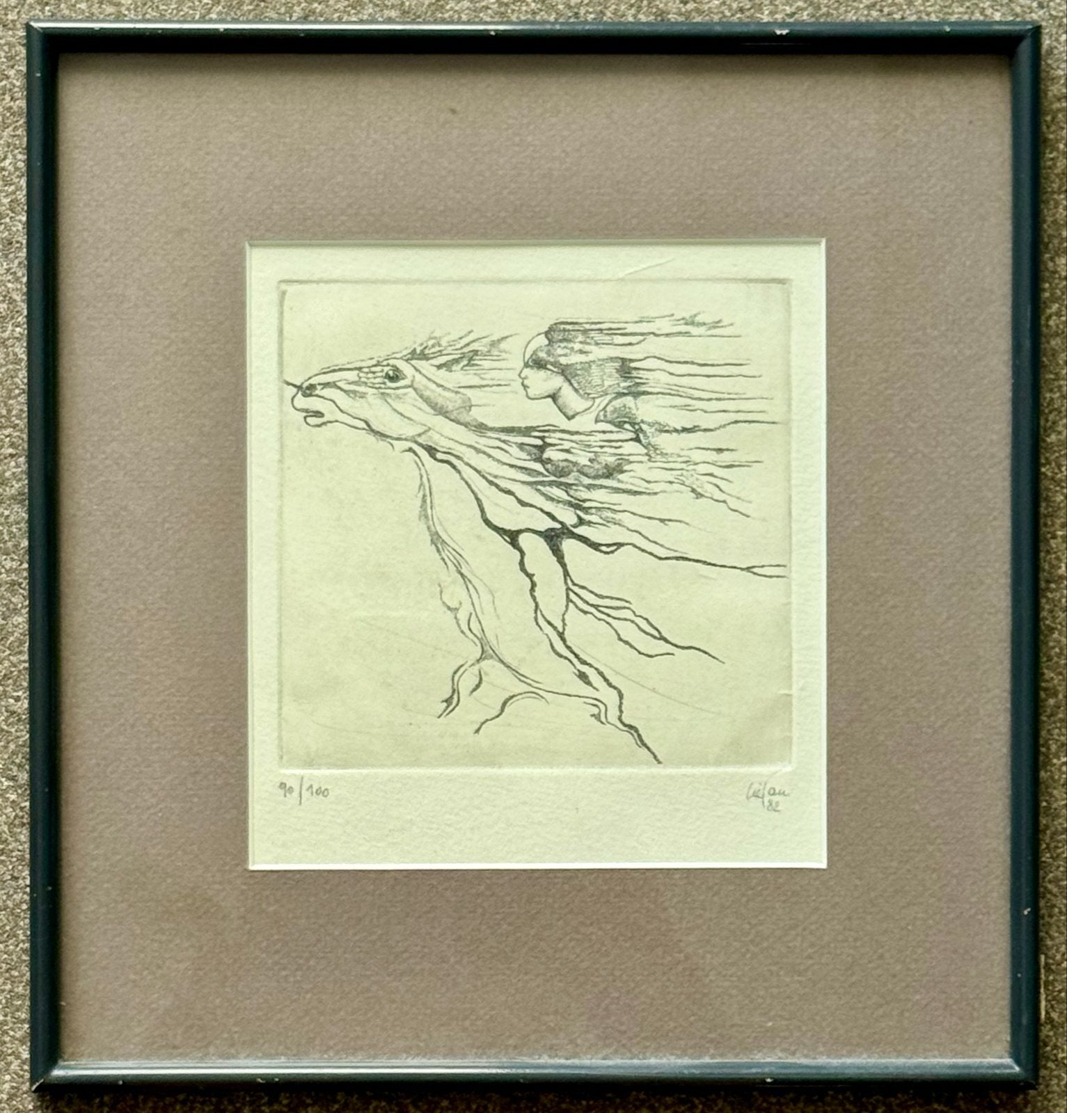 Ets van ruiter te paard, figuratief, gesigneerd en genummerd, Antiek en Kunst, Kunst | Etsen en Gravures, Dagelijks leven, Ophalen of Verzenden