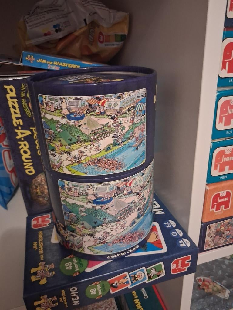 Camping chaos in ronde doos, Hobby en Vrije tijd, Ophalen of Verzenden, Minder dan 500 stukjes, Zo goed als nieuw, Legpuzzel