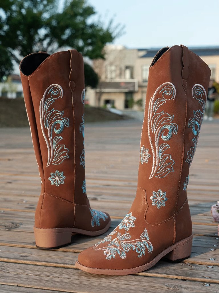 Bruine dames cowboy laarzen met bloemen motief, Kleding | Dames, Schoenen, Verzenden, Nieuw, Bruin, Hoge laarzen