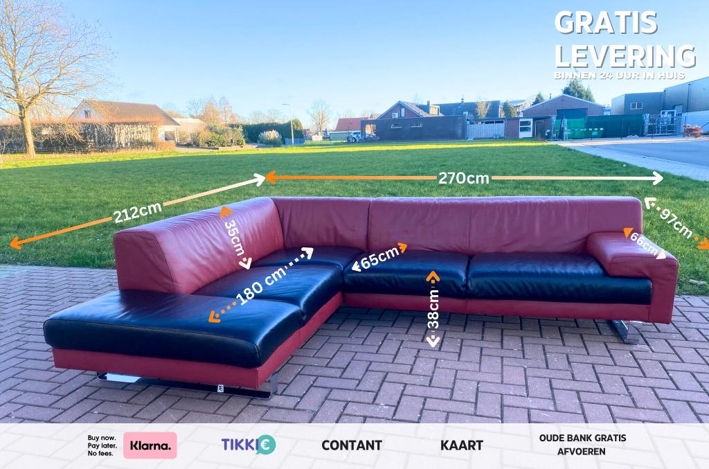 Montèl Rood Zwart Leren Hoekbank –Echt Leer –Gratis Levering, 250 tot 300 cm, Minder dan 75 cm, Hoekbank, Leer