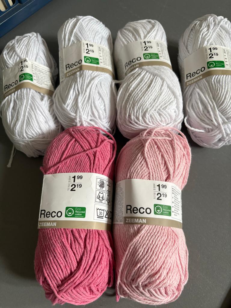 Zeeman Reco Katoen Garen - Wit en Roze (6 bollen), Ophalen of Verzenden, Nieuw, Breien of Haken, Wol of Garen