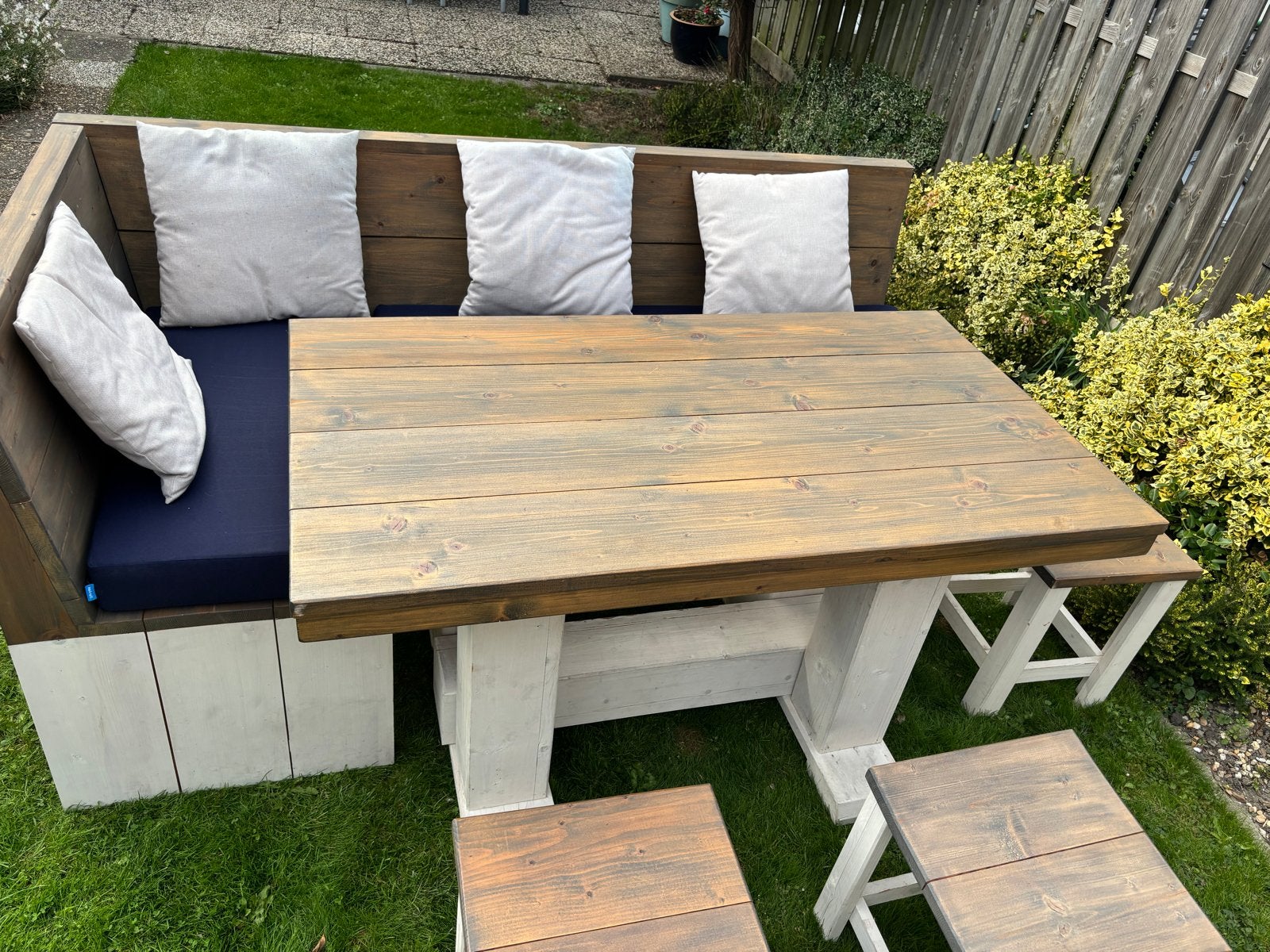 Steigerhouten eethoek met kussens - 4x gebeitst, Ophalen, Steigerhout, Loungeset, Bank