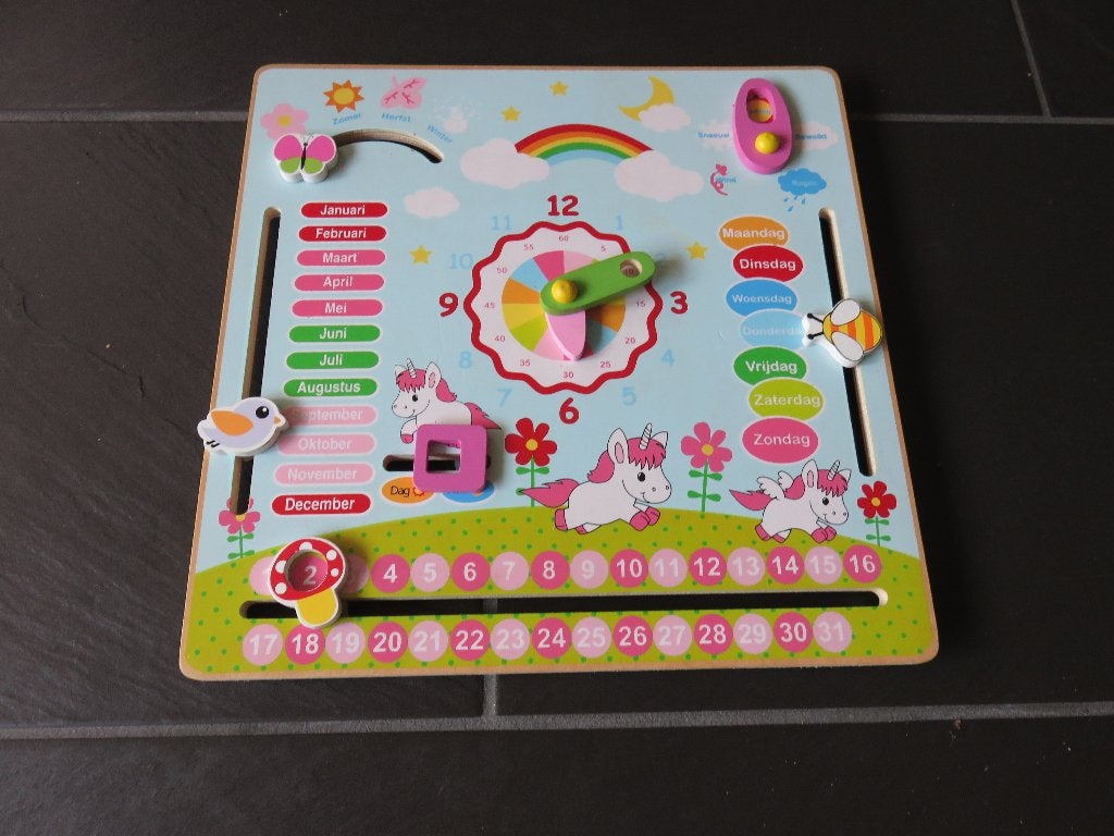 Houten kalenderklok leerbord Eénhoorn, tijden leren, Kinderen en Baby's, Ophalen of Verzenden, Zo goed als nieuw, Ontdekken