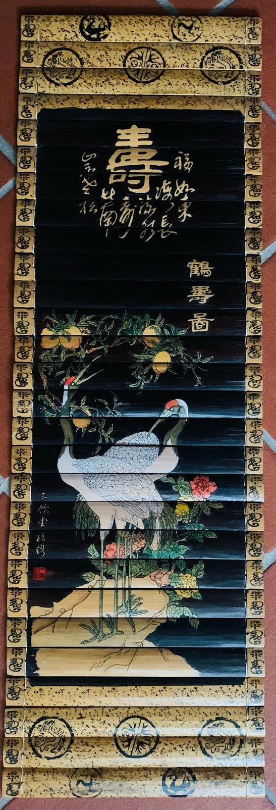 Chinese paintingon bamboo slats cranes peaches., 87 cm, Schilderij, Natuurlijk materiaal, Ophalen of Verzenden
