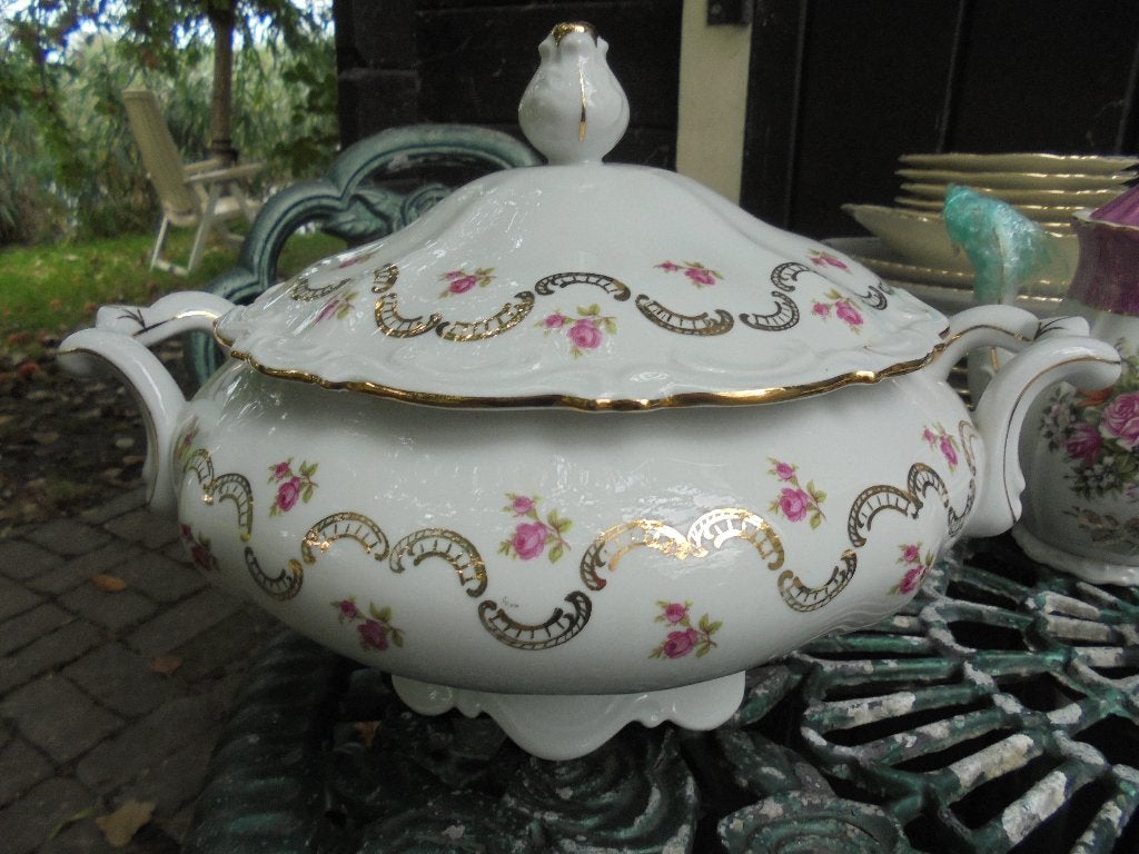 Soepterrine Bavaria met roze roosjes en goudlusters, Antiek en Kunst, Ophalen of Verzenden