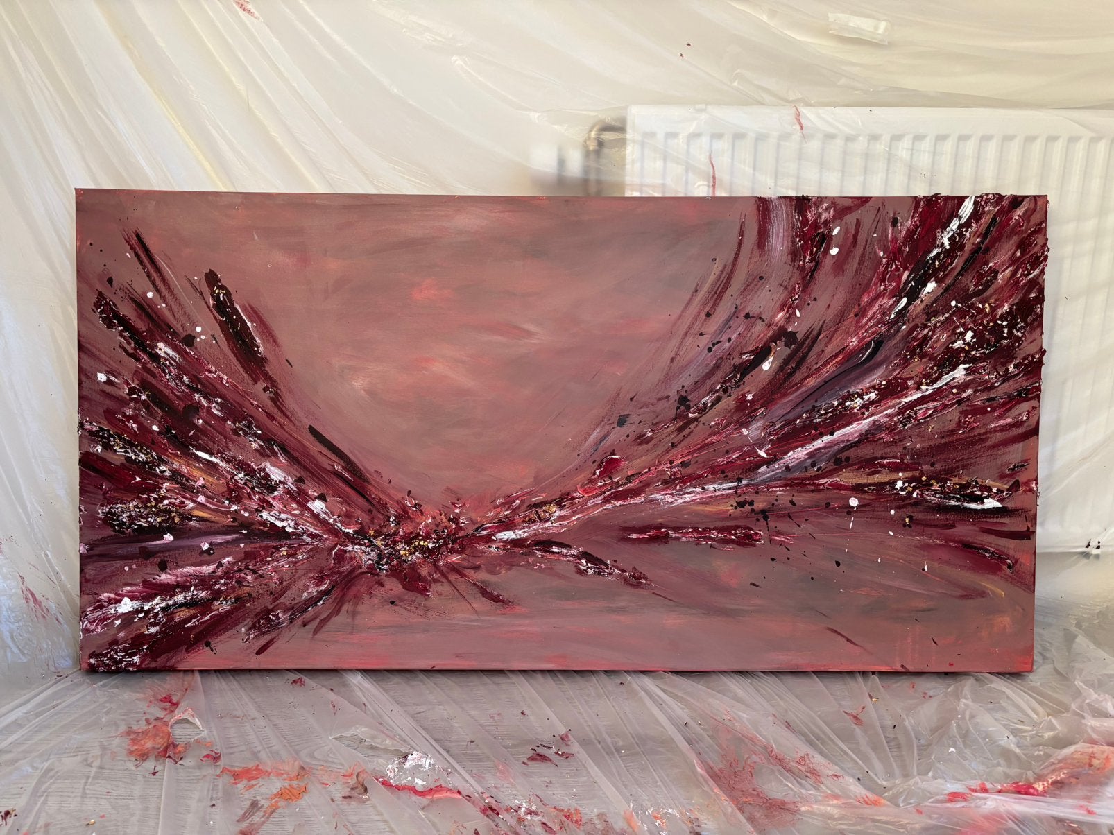 Abstract schilderij 70x140cm met reliëf in rood/roze tinten, Ophalen