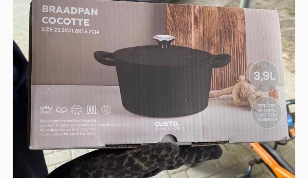 Gusta braadpan cocotte gietijzer zwart 3,9 liter nieuw, Ophalen, Nieuw, Gietijzer, Koekenpan of Braadpan