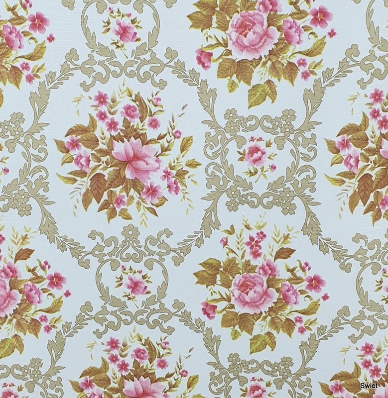 13214 roze vintage rozen behang met barok print swiet, Ophalen of Verzenden, Groen
