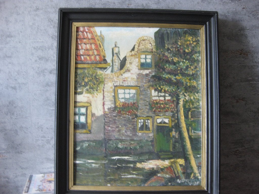 Olieverfschilderij van mooi huis op doek gesigneerd, Antiek en Kunst, Doek, Oud hollands, Ophalen of Verzenden, Gesigneerd