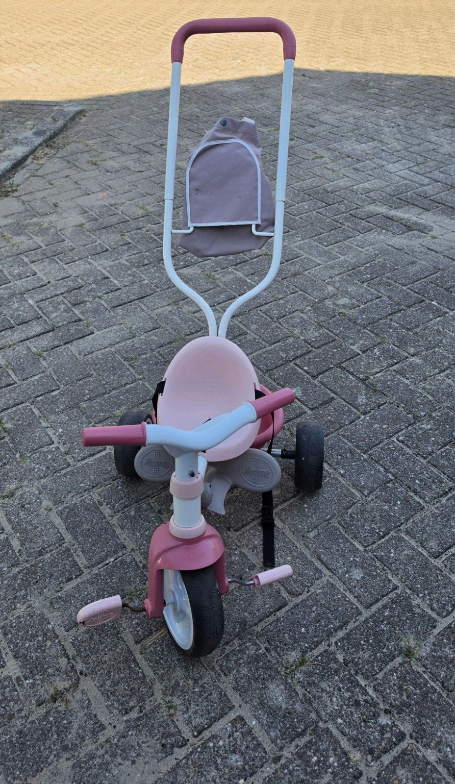 Roze driewieler met duwstang en verstelbare zitting, Ophalen, Gebruikt, Verstelbare zitting
