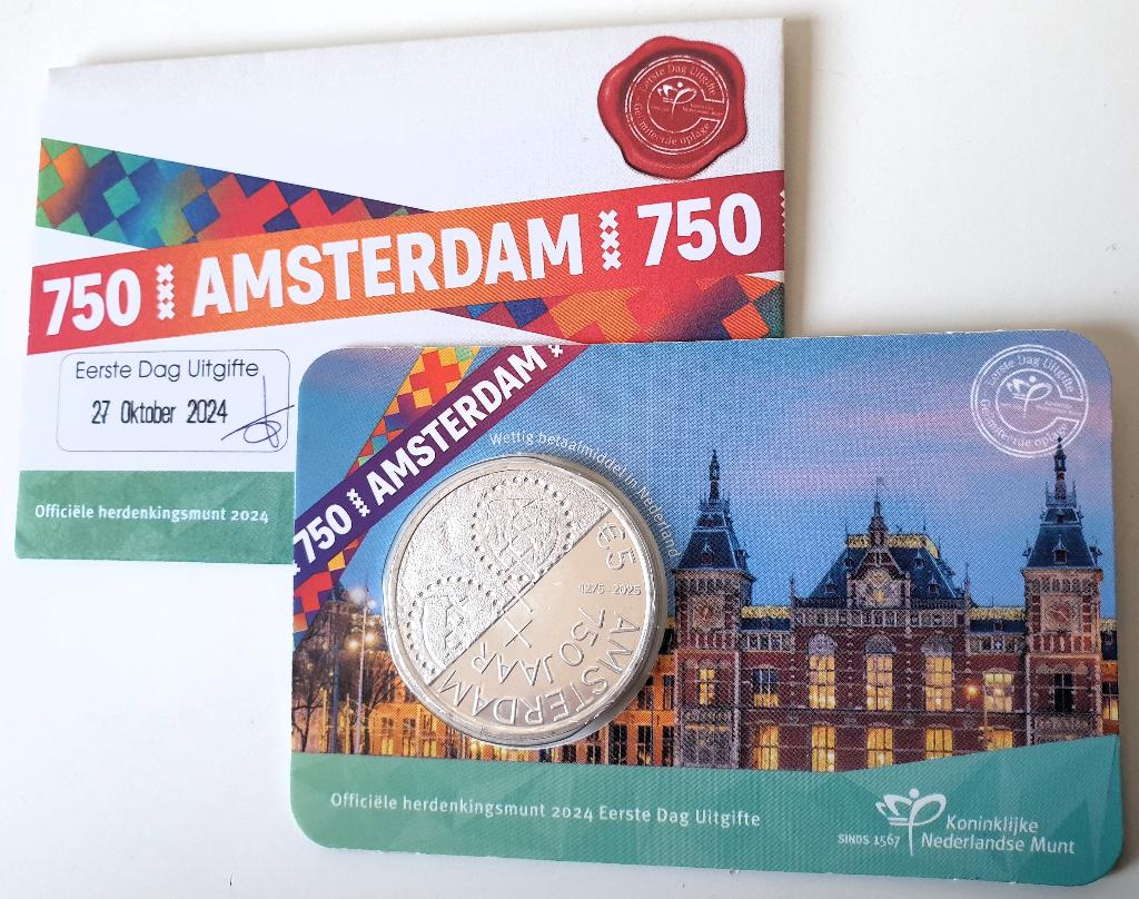 coincard 750 jaar Amsterdam Vijfje 2024 Eerste Dag Uitgifte, Postzegels en Munten, Munten | Nederland, Verzenden, Koningin Beatrix