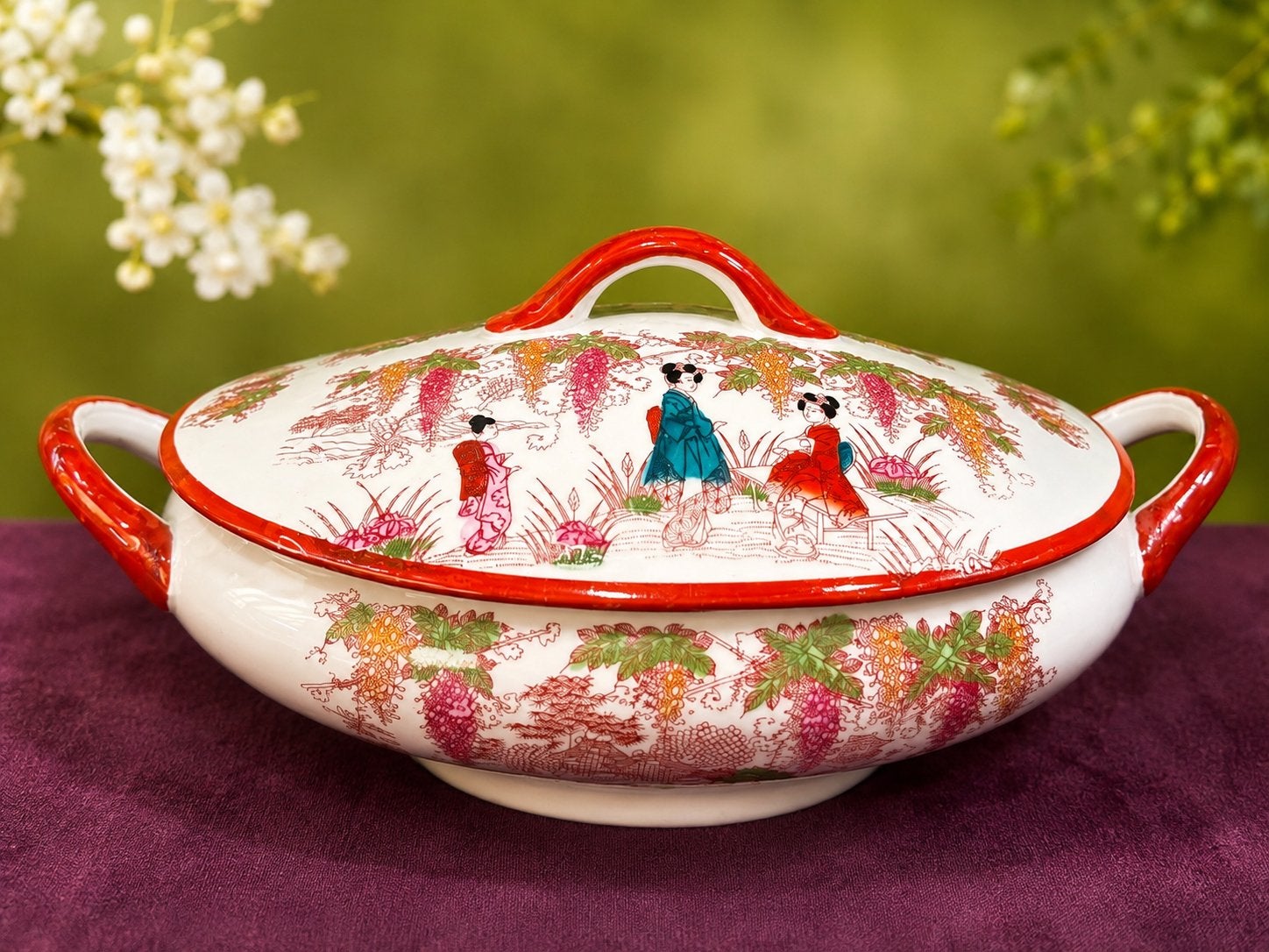 Vintage Japanse porseleinen dekschaal met Geisha-decor, Ophalen of Verzenden