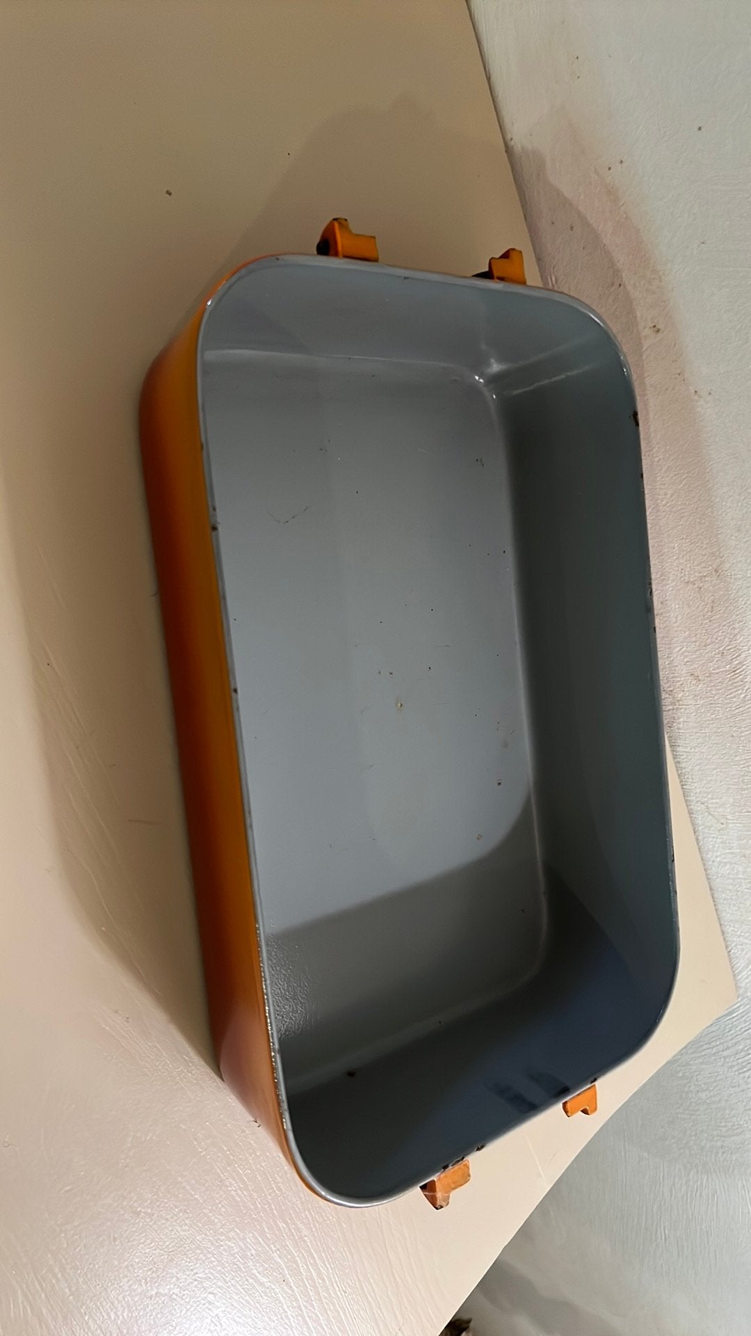 Emaille oranje brocante ovenschaal, Ophalen