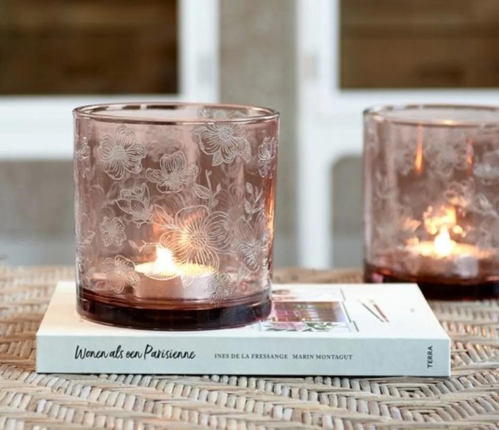Riviera Maison windlicht roze Flower Hurricane, plus 2 vazen, Boho, Roze, Ophalen of Verzenden, Zo goed als nieuw