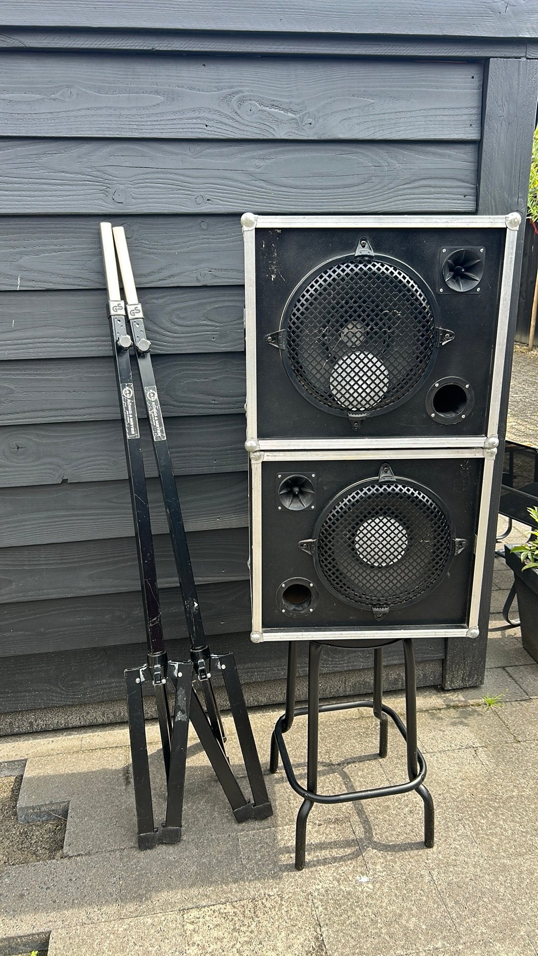 PA Geluidsset: 2x Speakers in Flightcase + 2x K&M Statieven, Ophalen, Gebruikt, 120 watt of meer, Overige merken