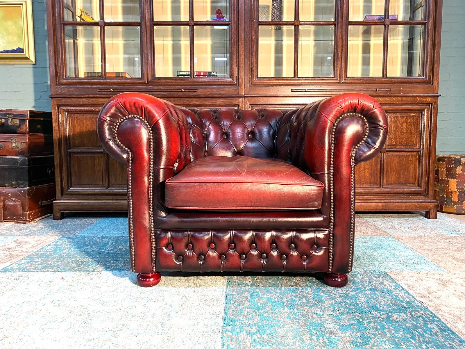 Engels Chesterfield club fauteuil Oxblood rood, Ophalen, Zo goed als nieuw, 75 tot 100 cm