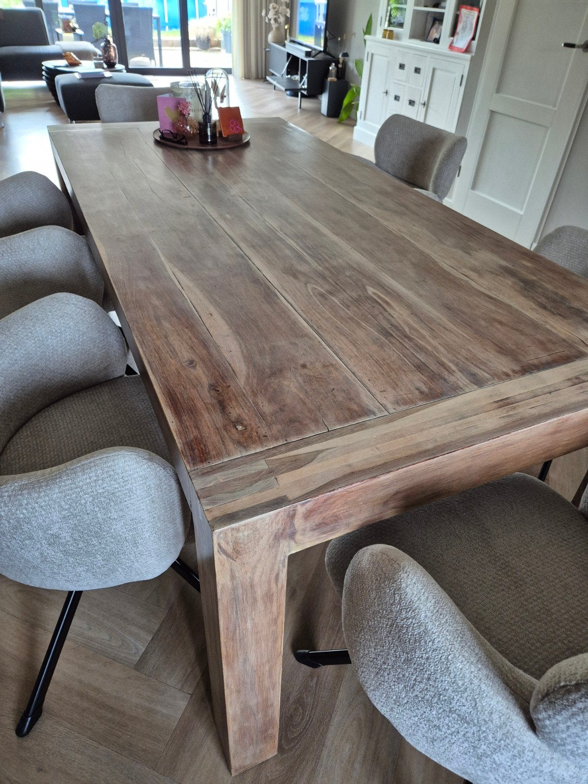 Robuuste houten eettafel white wash - 210cm x 100cm, Ophalen, Gebruikt, 100 tot 150 cm, 200 cm of meer