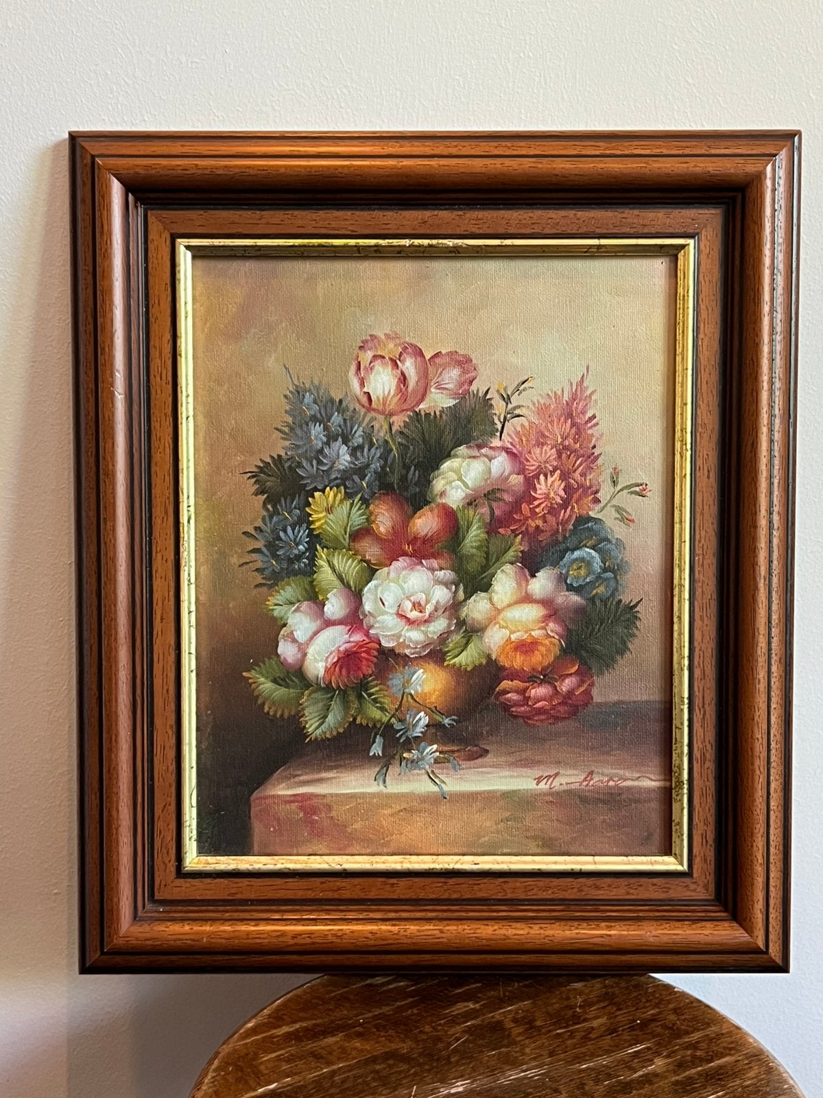 Klassiek olieverf bloemboeket stilleven in houten lijst, Doek, Stilleven, Ophalen of Verzenden, Olieverf