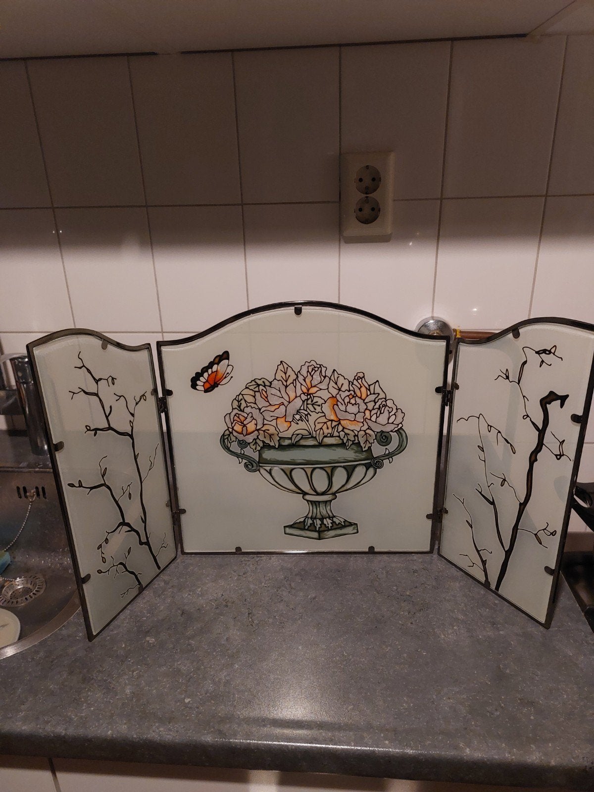 Decoratief Glas-in-lood Scherm met Bloemen en Vlinder, Ophalen of Verzenden