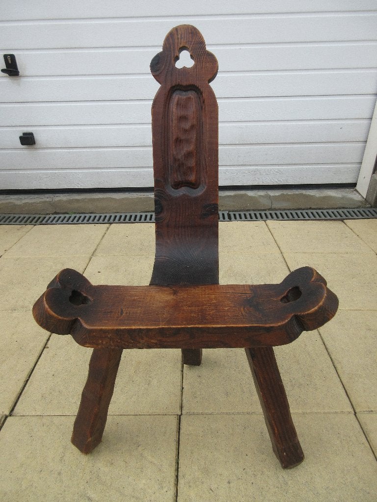 Midcentury brutalist houten stoel driepoot stoel, Ophalen of Verzenden