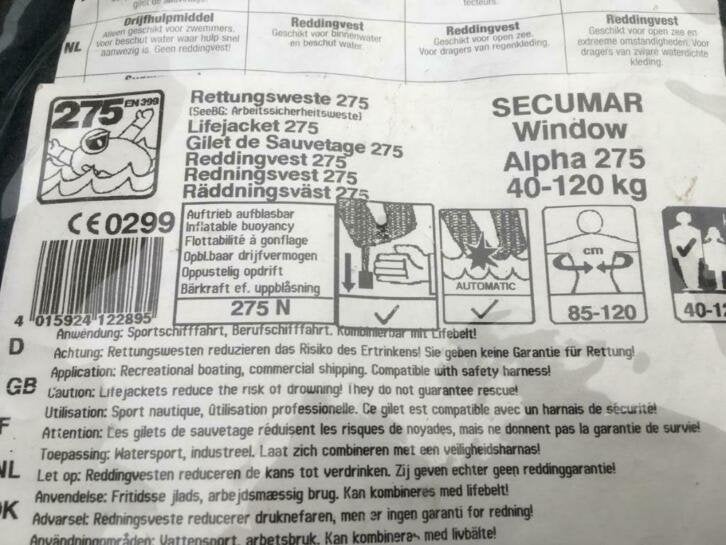 20 reddingsvesten Secumar Windows Alpha 275N geen patroon, Watersport en Boten, Watersportkleding, Niet ingevuld, Gebruikt, Niet ingevuld
