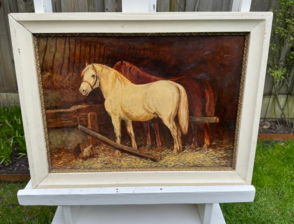Antiek Olieverfschilderij Twee paarden in stal - W.H Aberson, Antiek en Kunst, Kunst | Schilderijen | Klassiek, Ophalen