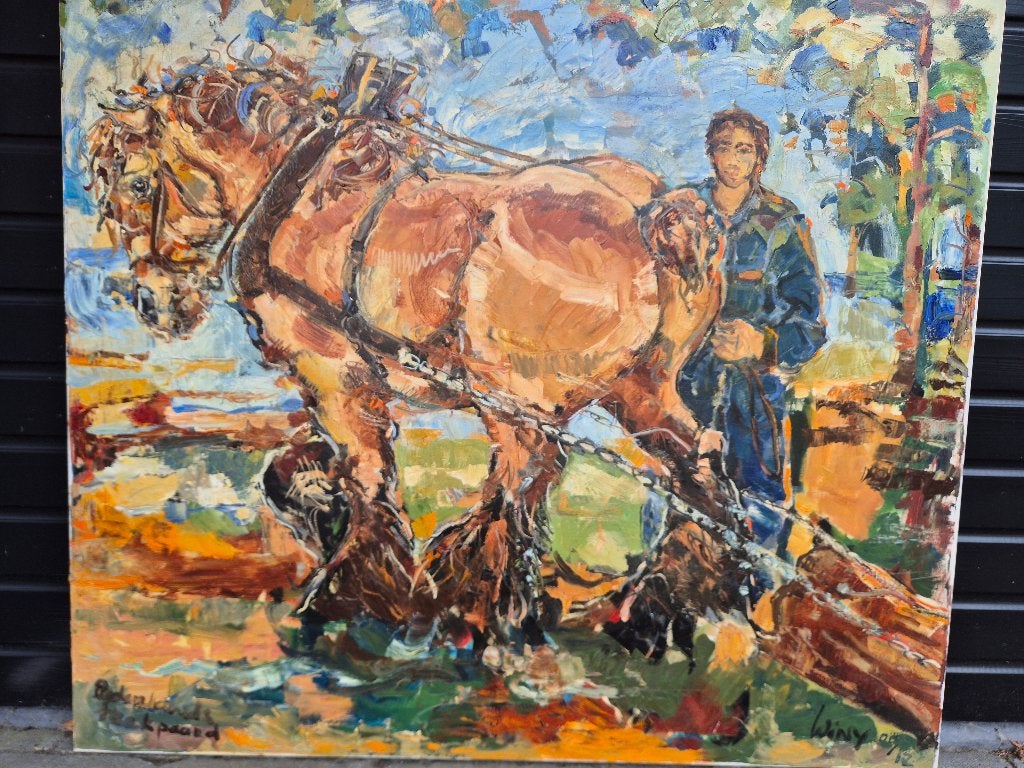 Groot schilderij 'Nederlands Trekpaard' - Winy Jacobs, Doek, Expressionistisch, Dieren, Ophalen of Verzenden
