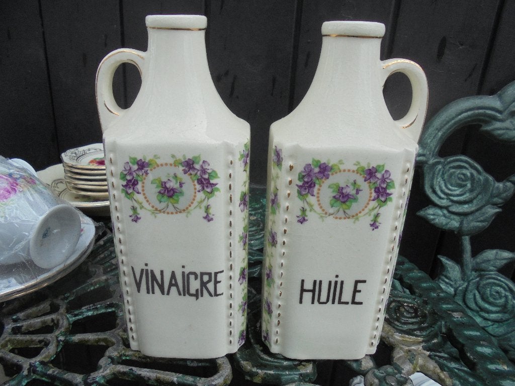 Olie en Azijn kannetjes met paarse viooltjes, Ophalen of Verzenden
