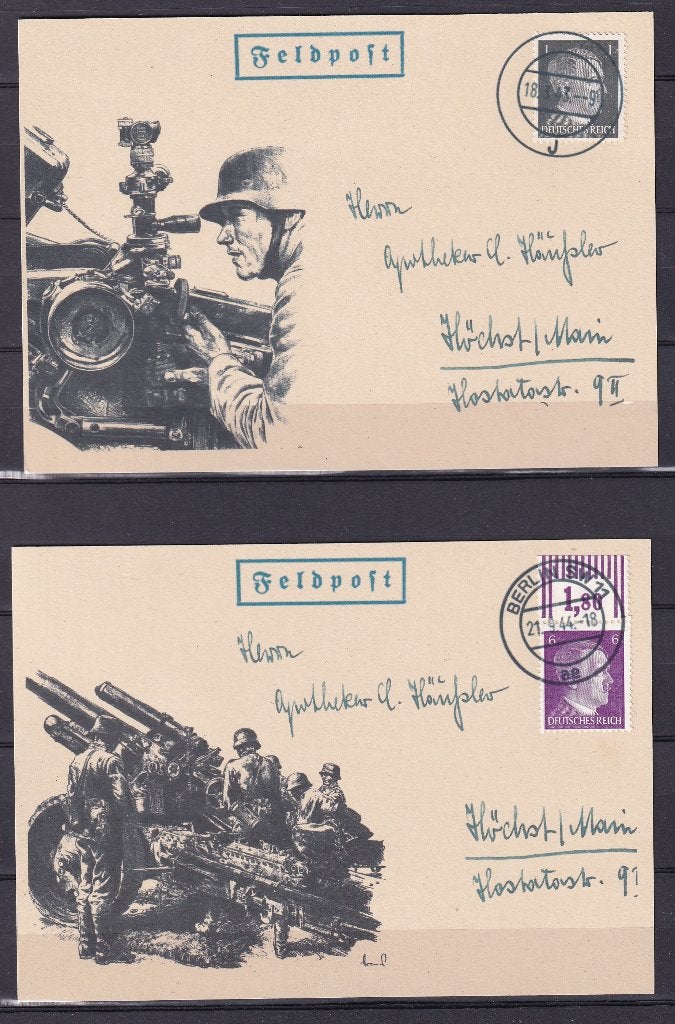 X108) 1944 Feldpost Reich 2 x propagandakaart maakwerk, Ophalen of Verzenden, Duitse Keizerrijk, Gestempeld
