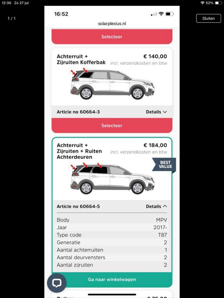 Solarplexius zonwering voor Peugeot 5008., Ophalen, Gebruikt