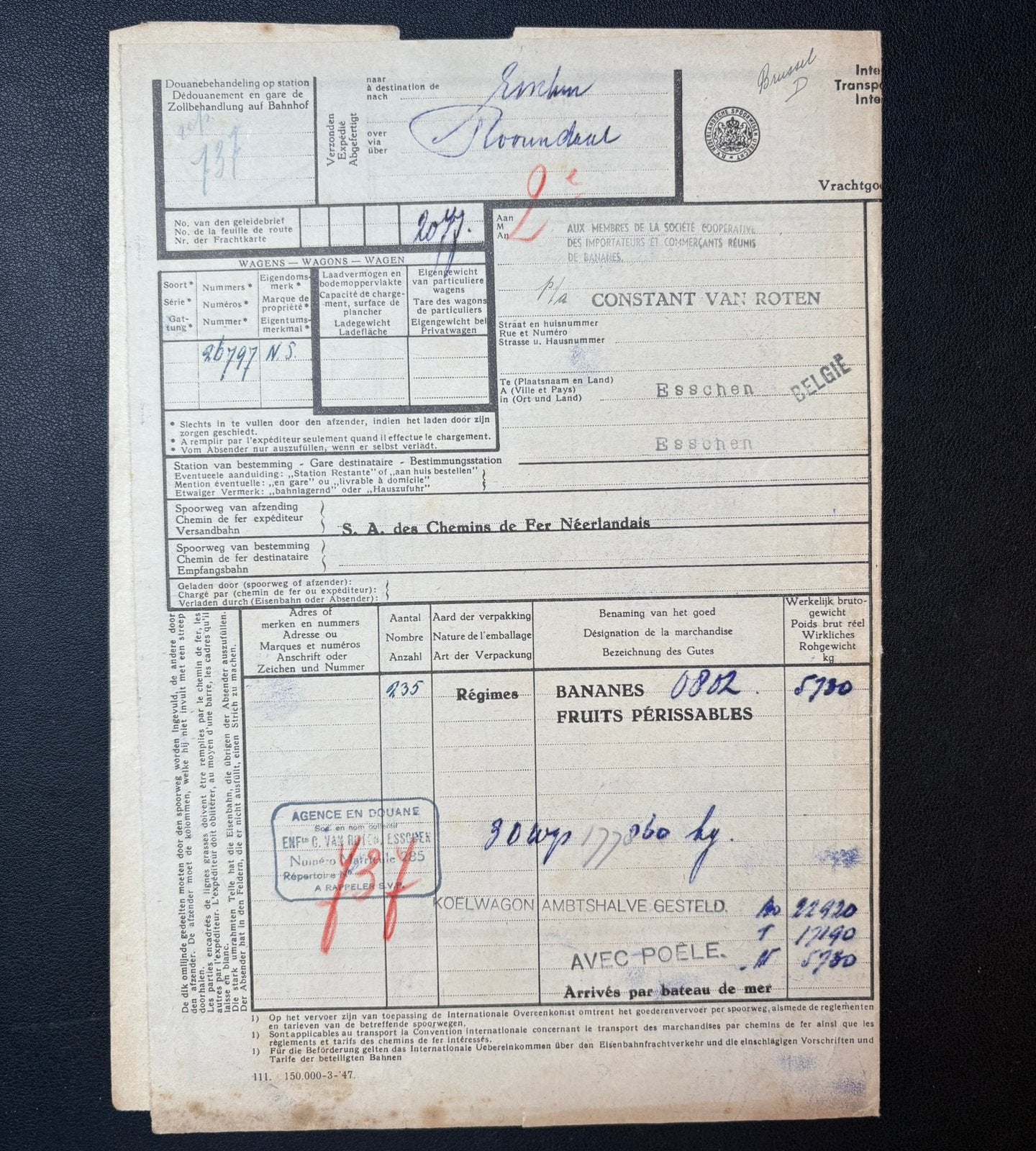 Vrachtbrief bananen van Rotterdam Zuid naar Essen (1950), Ophalen of Verzenden, Gebruikt, Trein
