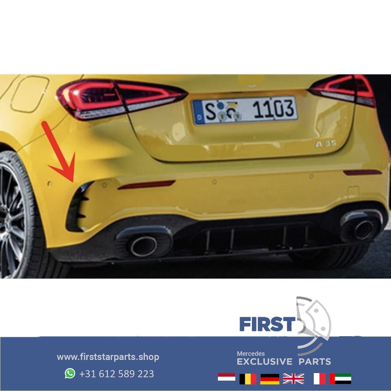 W177 A45 AMG ACHTERBUMPER AERO SPLITTER SET L/R 2018-2022 SP, Gebruikt, Ophalen of Verzenden, Achter, -
